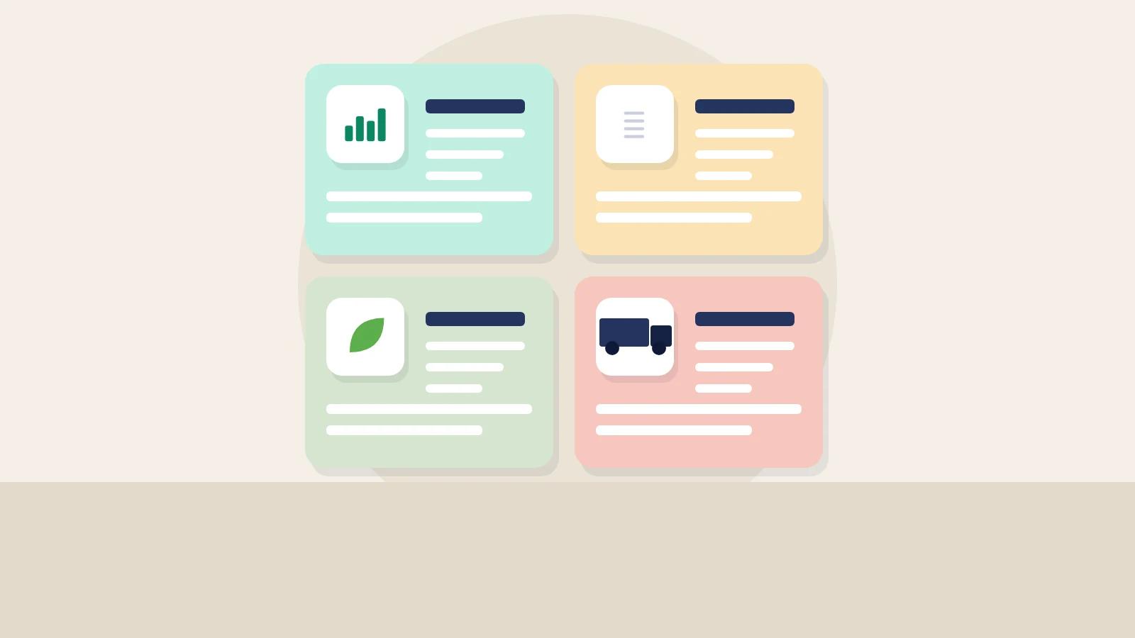 Illustration of four planning cards in a two-by-two grid, representing a SWOT analysis for a wholesale business.