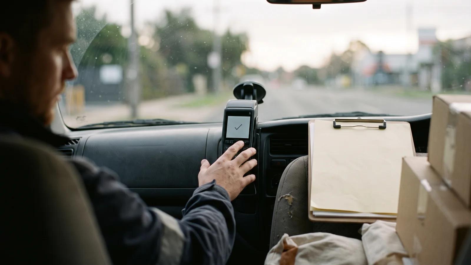 A payment terminal on a delivery driver's dash showing a card transaction, the everyday reach of the RBA's surcharge ban.