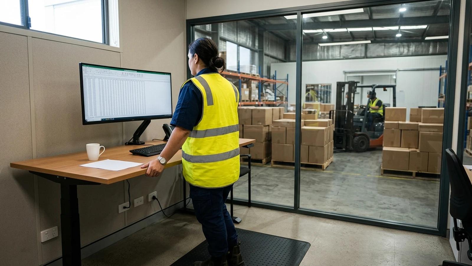 Wholesale food distribution operations manager comparing structured EDI purchase orders and free-text customer messages on a screen in a warehouse office