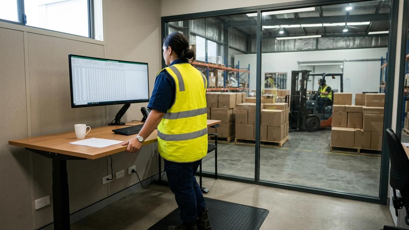 Wholesale food distribution operations manager comparing structured EDI purchase orders and free-text customer messages on a screen in a warehouse office