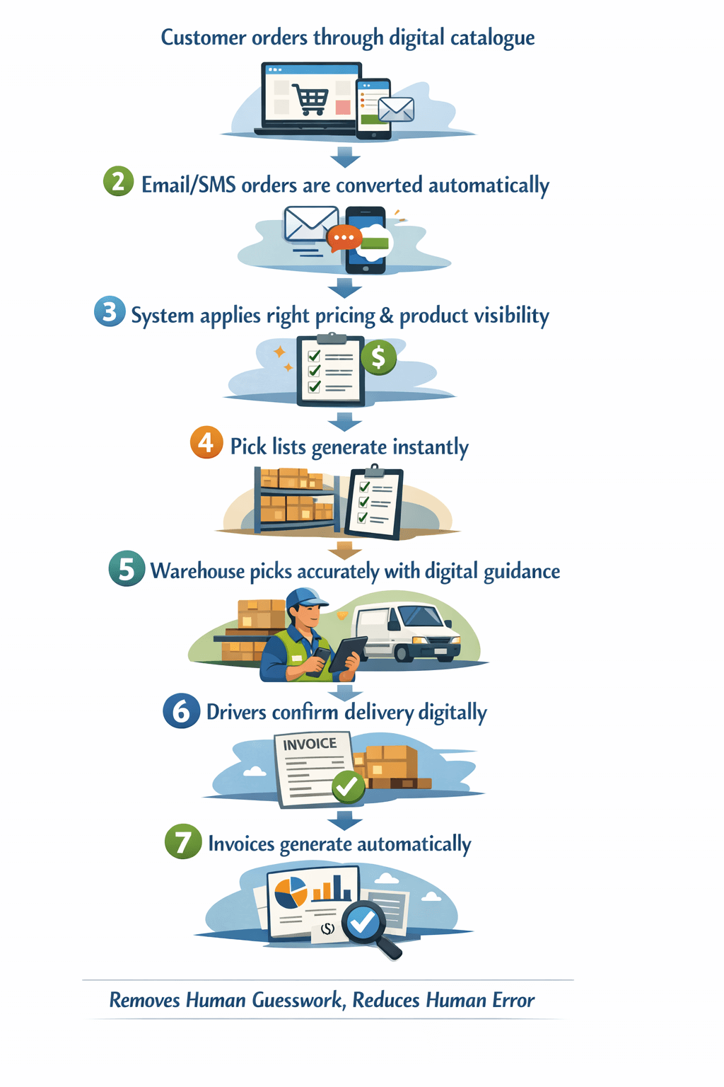 Simple 7-step order workflow: digital catalogue → auto-convert email/SMS → correct pricing → pick lists → warehouse picks → delivery confirmed → invoices generated.