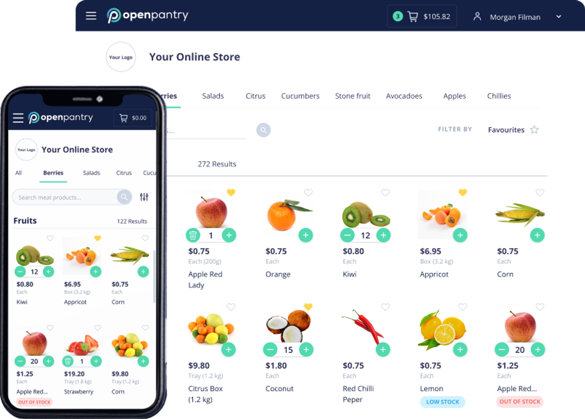 A screen showing Open Pantry's product list interface, which includes fruits and vegetables, and a phone showing a similar image. 