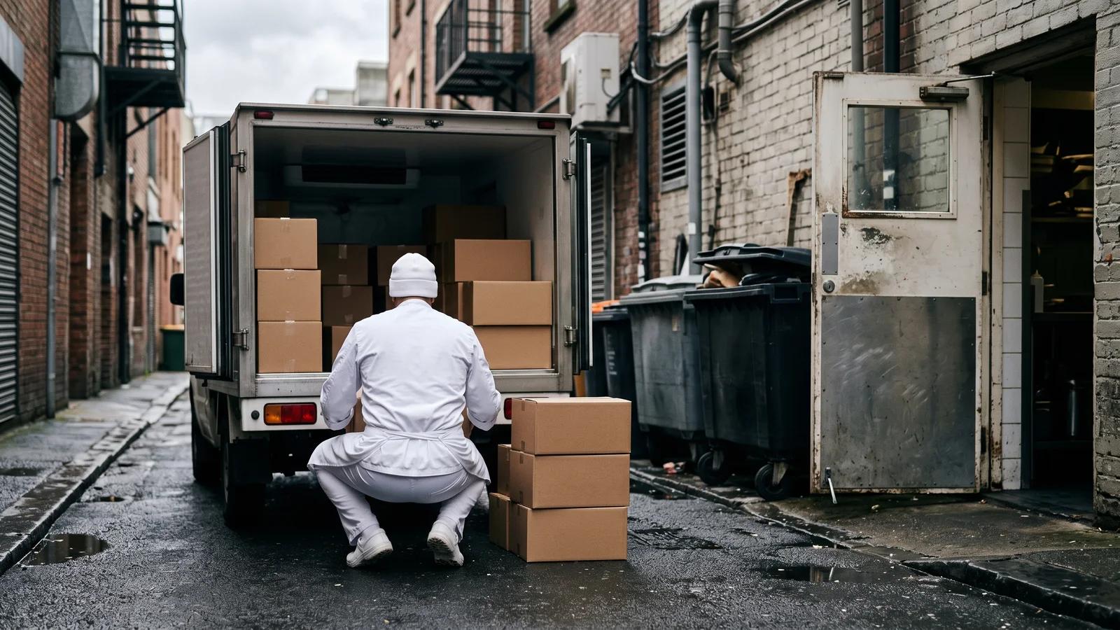 A chef counting cartons off the tailgate of a refrigerated delivery truck at a restaurant's rear door.