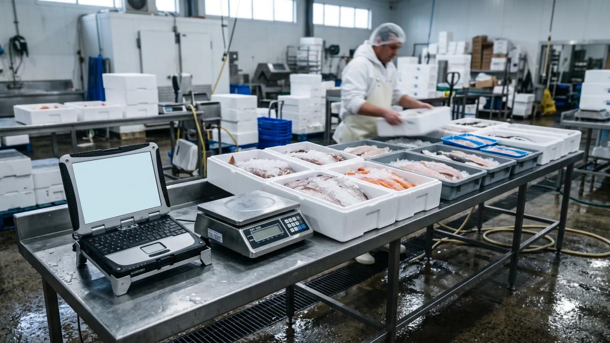 A Chromebook and a bench scale set up at a seafood packing bench with iced cartons of fish fillets ready for despatch.