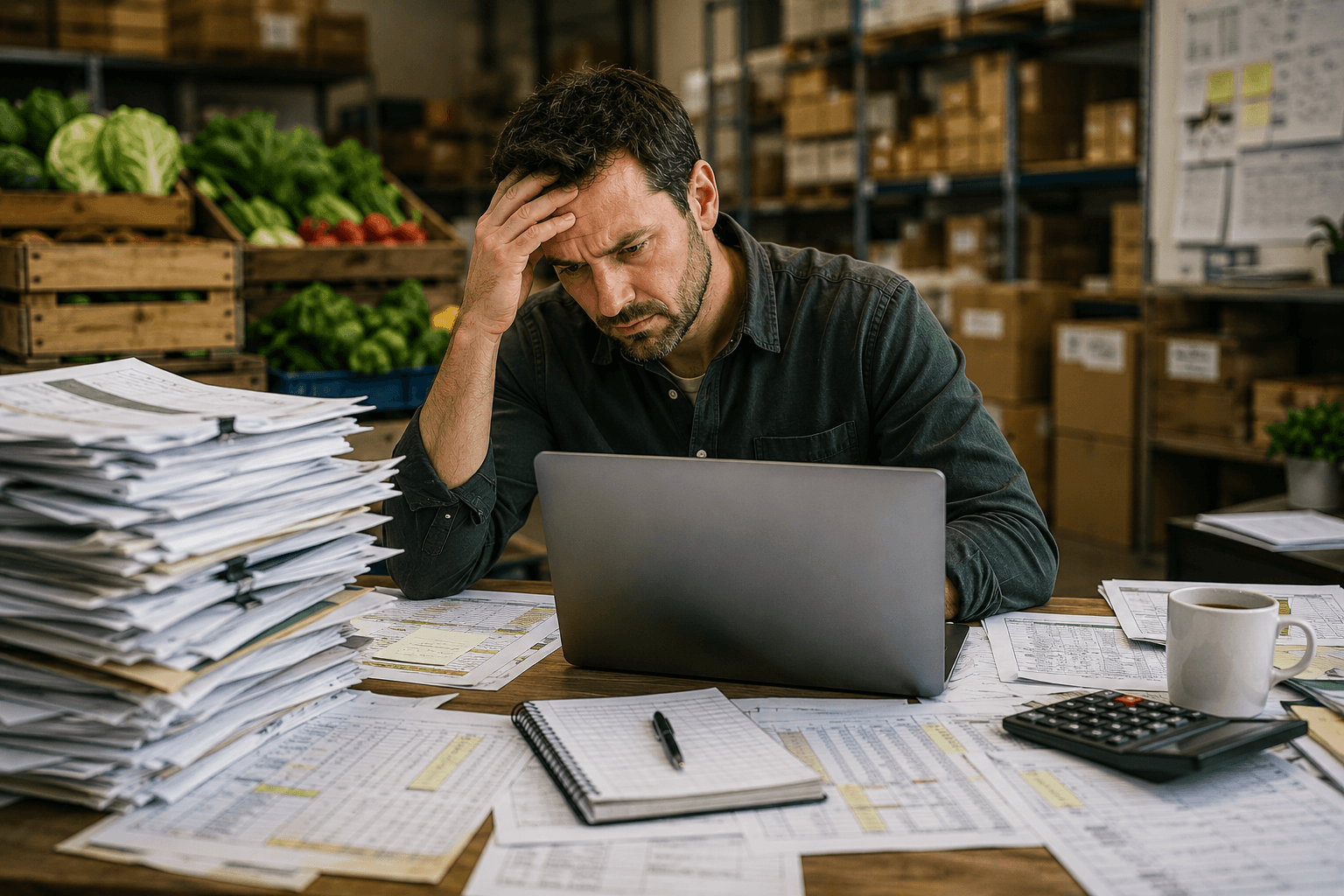 A problematic man touching his head with lots of papers on the table.