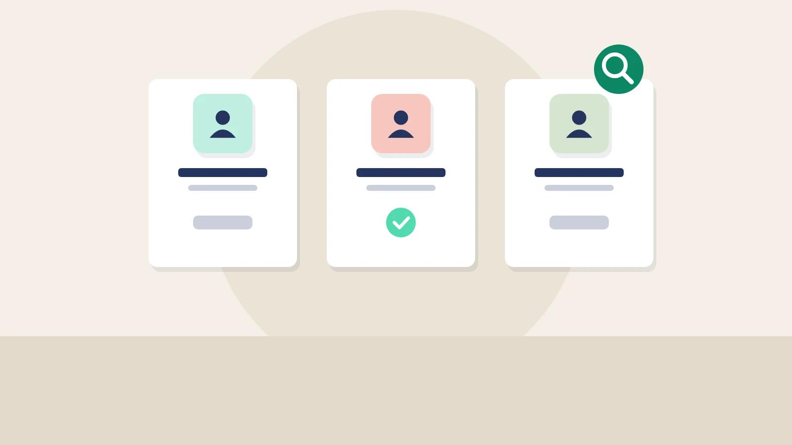 Illustration of three candidate profile cards with one ticked and a search icon, representing hiring for a food wholesaler.