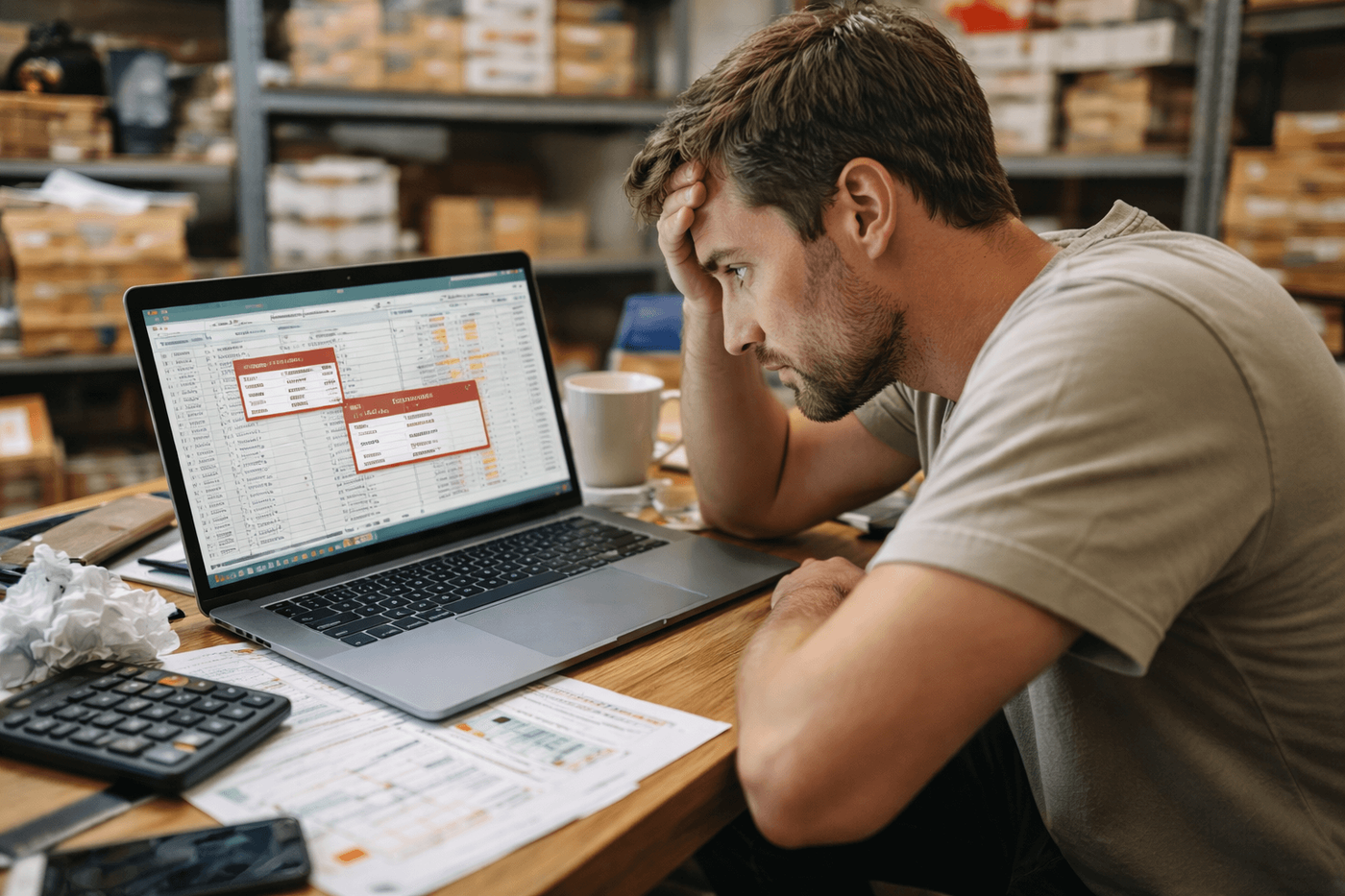 Stressed worker checking an inventory spreadsheet with error pop-ups.