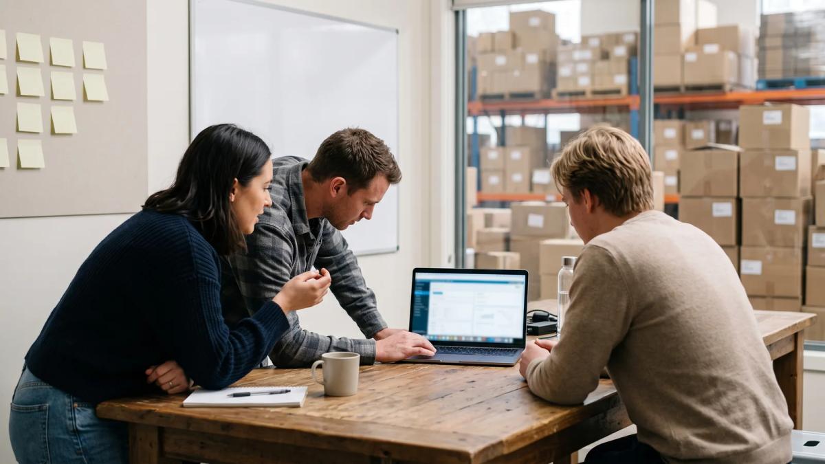 A small team of food supplier staff gathered around a laptop in a warehouse office, comparing options on screen.