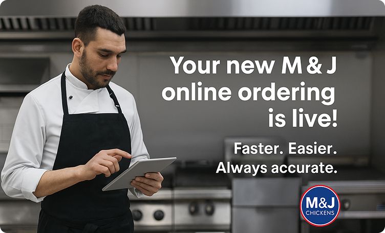 M&J chickens online ordering chef with tablet.