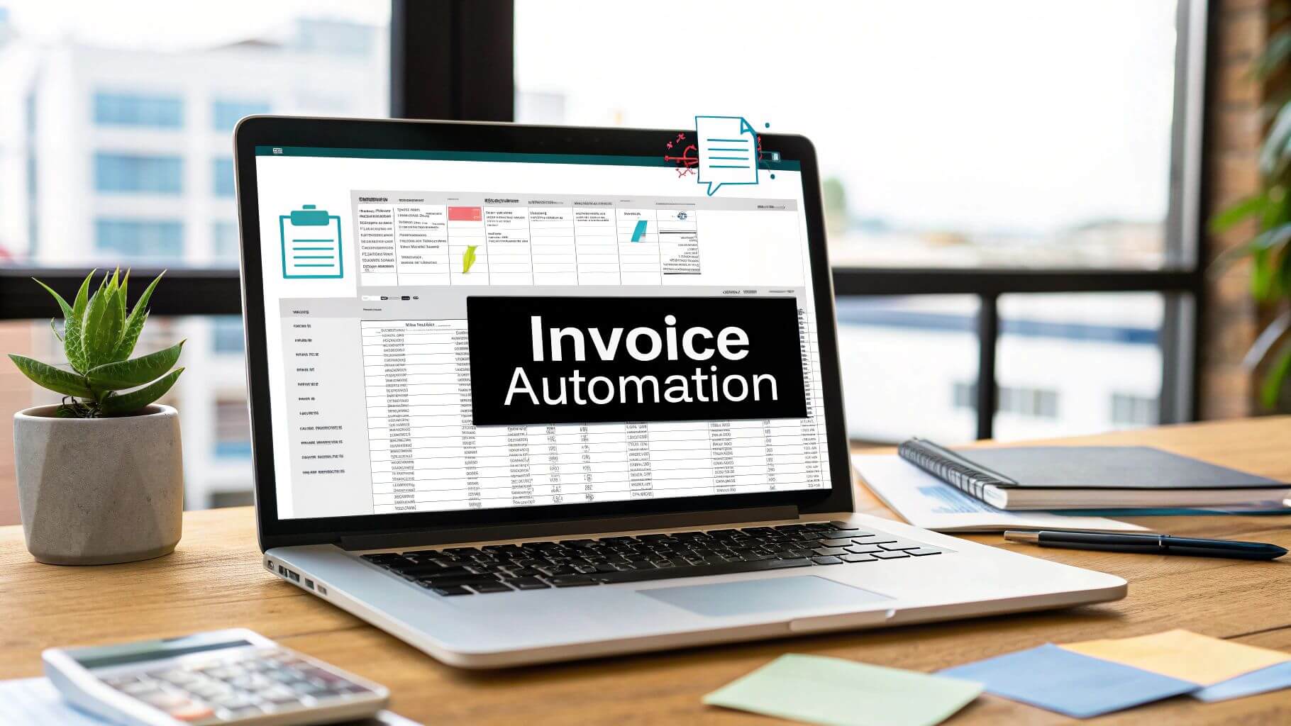 A laptop screen showing invoice automation. 