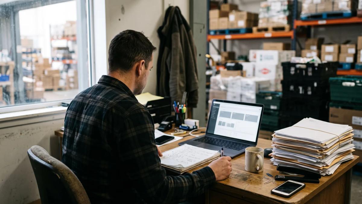 A supplier owner listing pain points on a notepad beside a laptop, weighing reasons to look at alternatives.