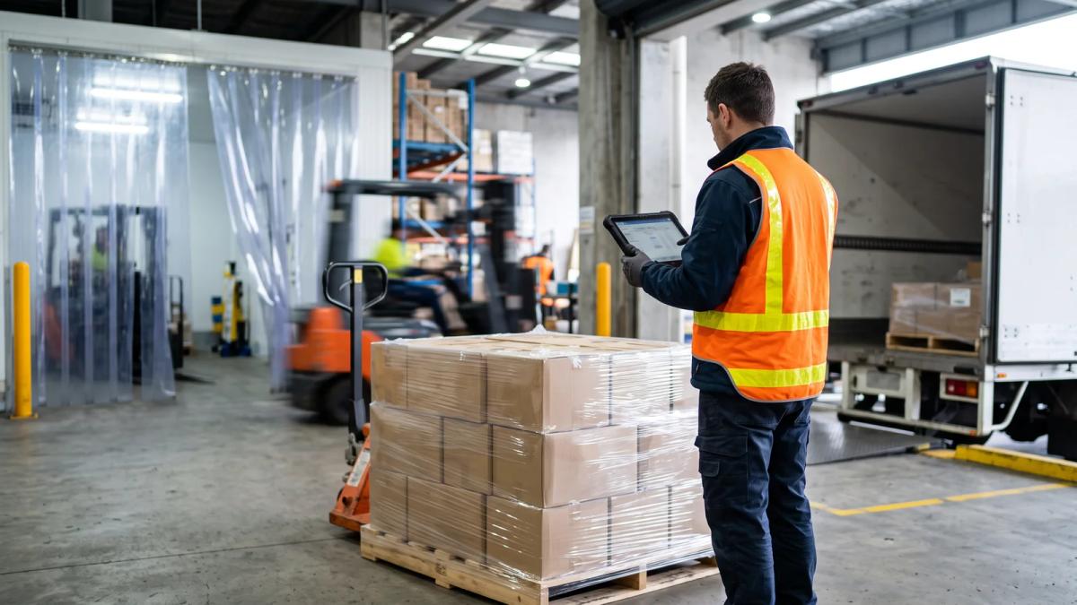 A warehouse team member using a handheld tablet to check a pallet of cartons against an order before dispatch.