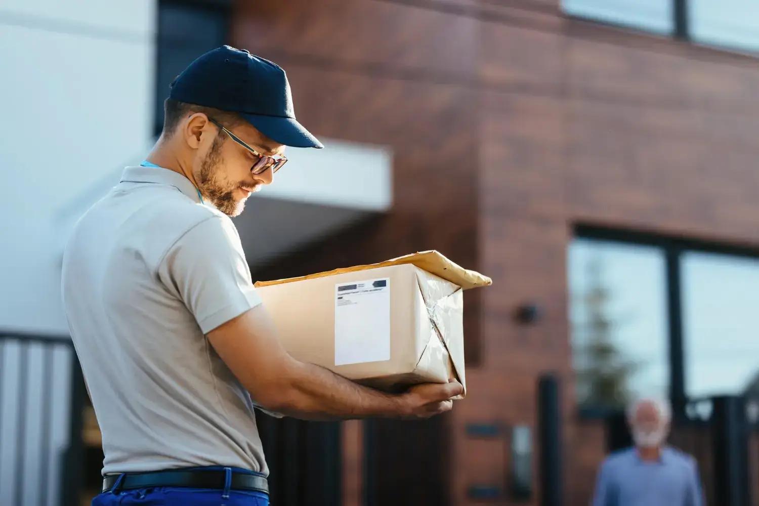 Delivery driver carrying a package outside a residential building.