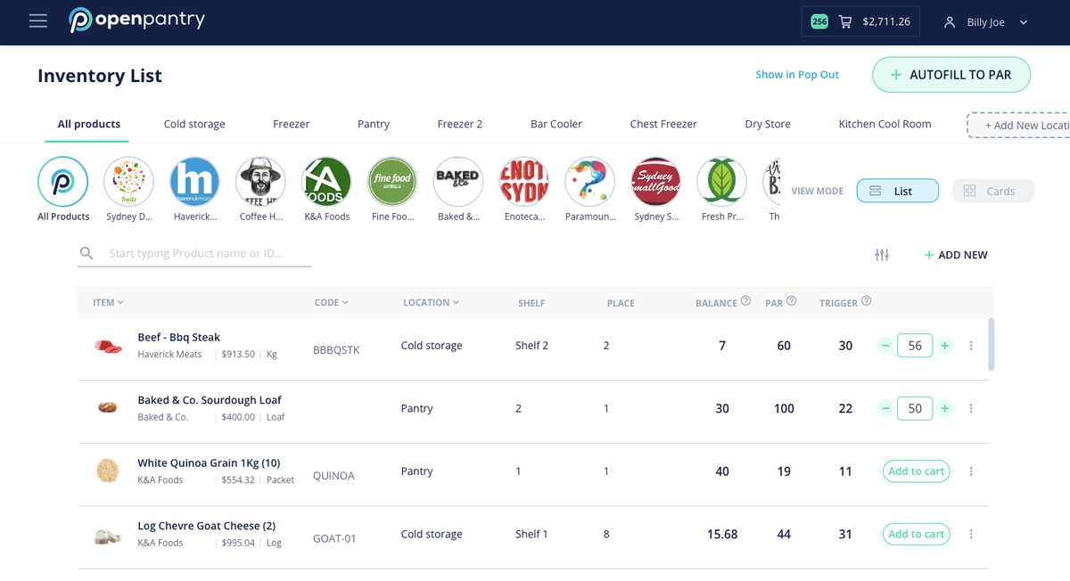 Screenshot of Open Pantry's Restaurant AI Manager featuring detailed inventory list.