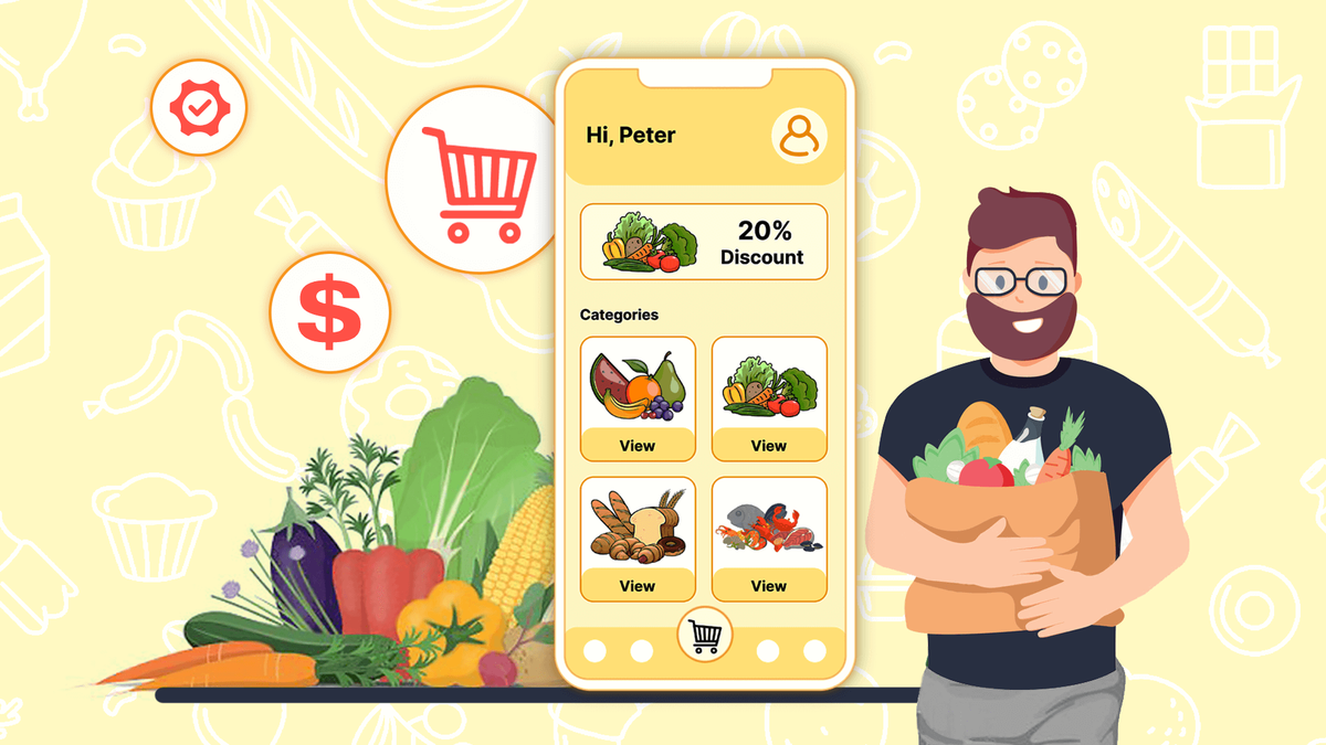 Man holding a grocery bag with a shopping app on a phone screen in the background.