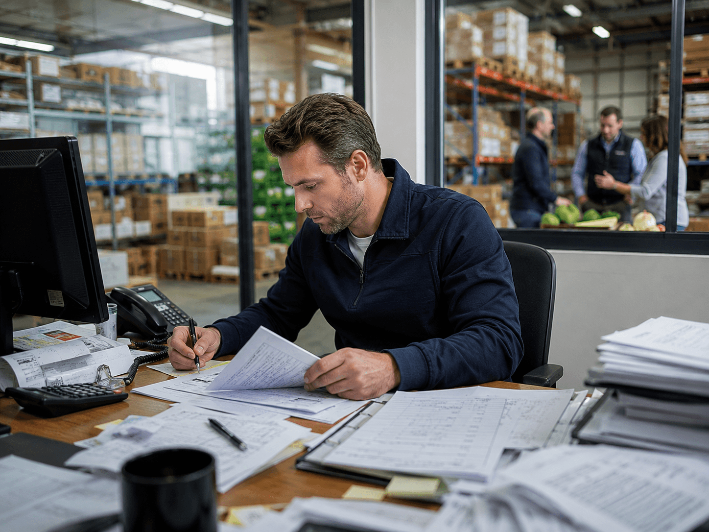 Manual order admin in a busy warehouse office.