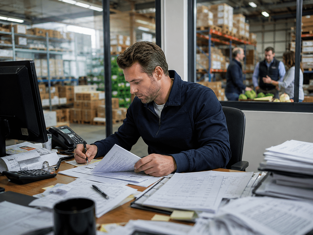 Manual order admin in a busy warehouse office.