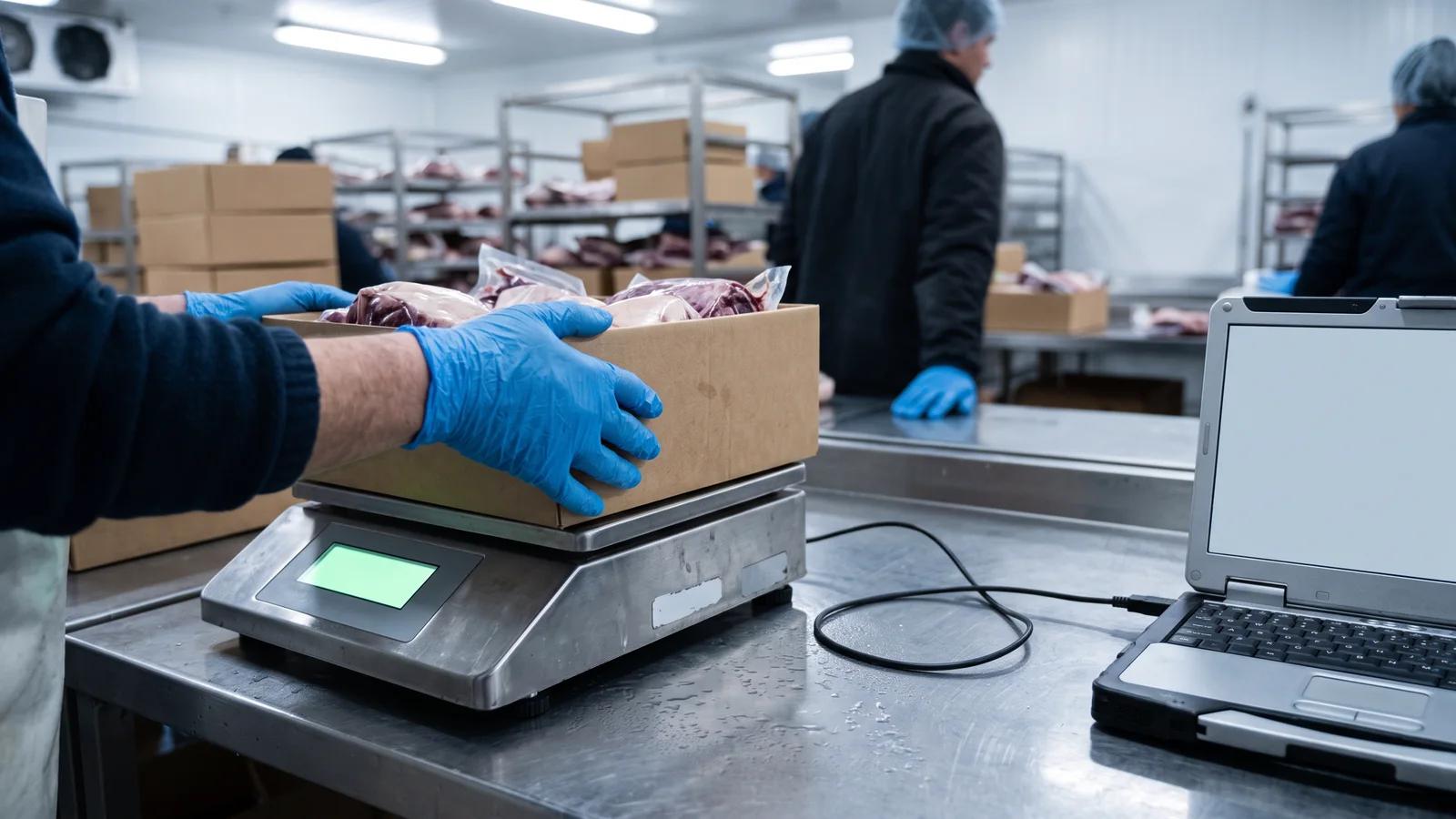 A packer's hands placing a carton of vacuum-packed meat on a stainless bench scale beside a laptop on a wholesale pack bench.