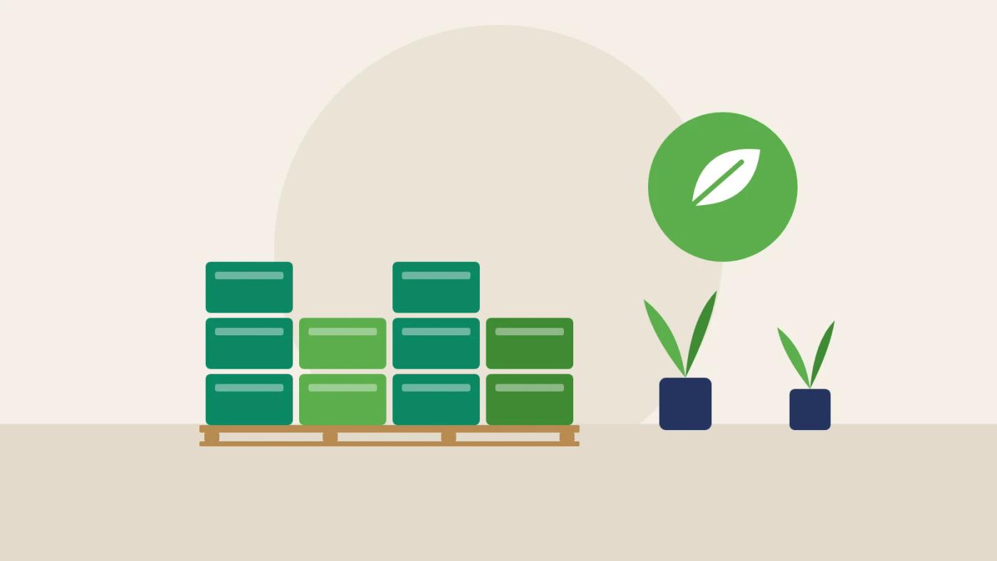 Illustration of stacked reusable produce crates on a pallet with plants and a leaf icon.
