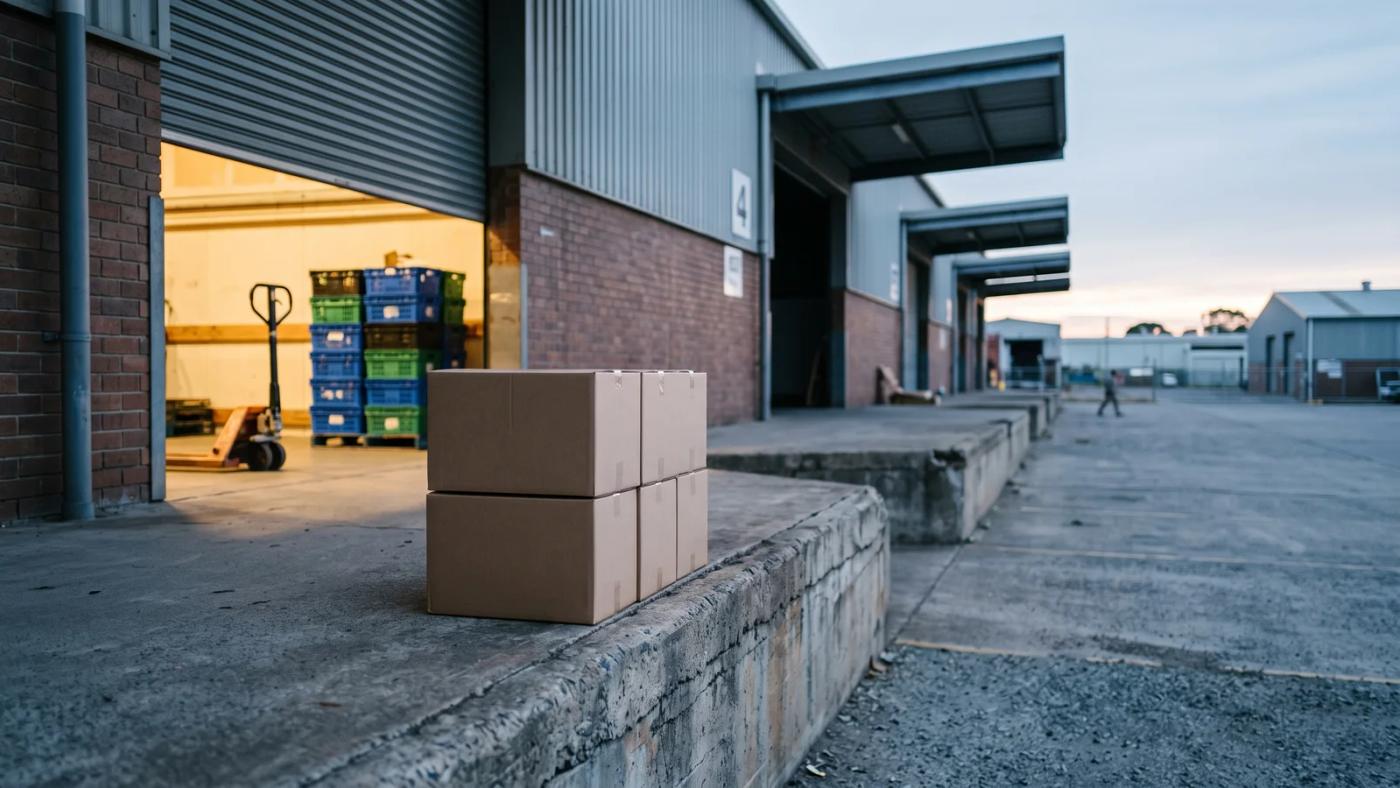 Four unlabelled produce cartons lined up on an Australian wholesale loading dock at dawn beside a delivery truck