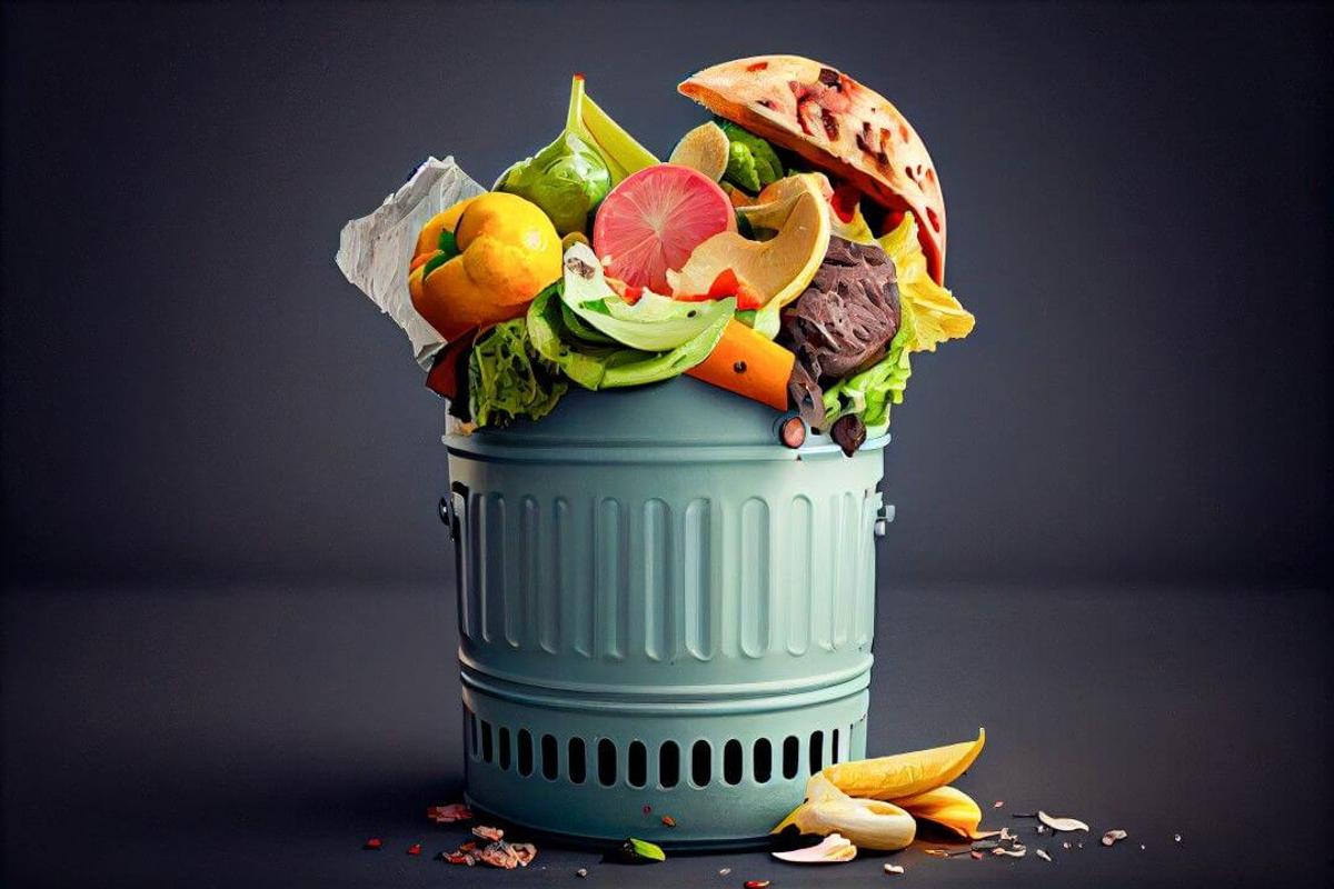 A green trash can full of waste food.