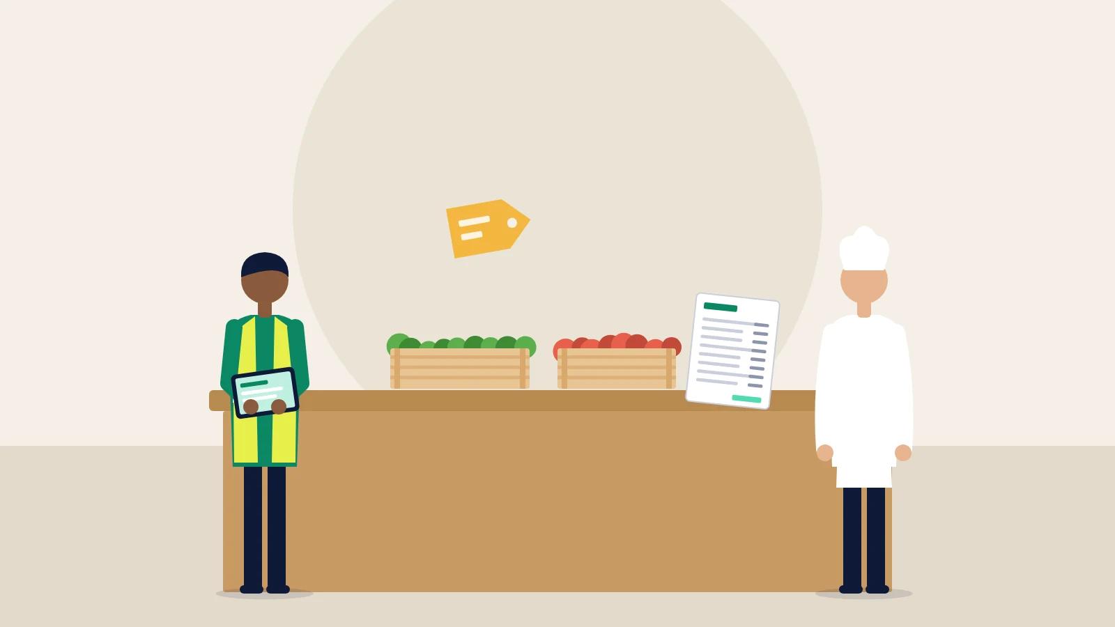 Illustration of a supplier rep with a tablet and a chef at a counter with crates of fresh produce between them.