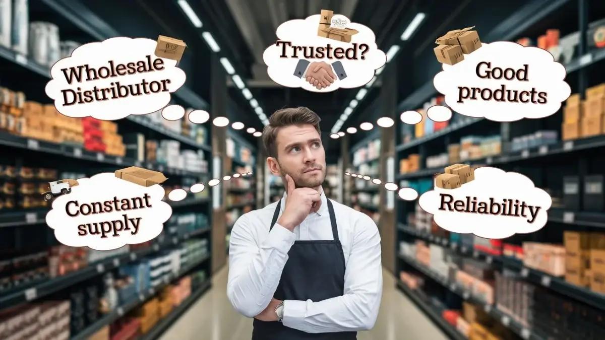 A man stands in a grocery aisle, considering various factors that could help him become a high quality wholesale supplier.