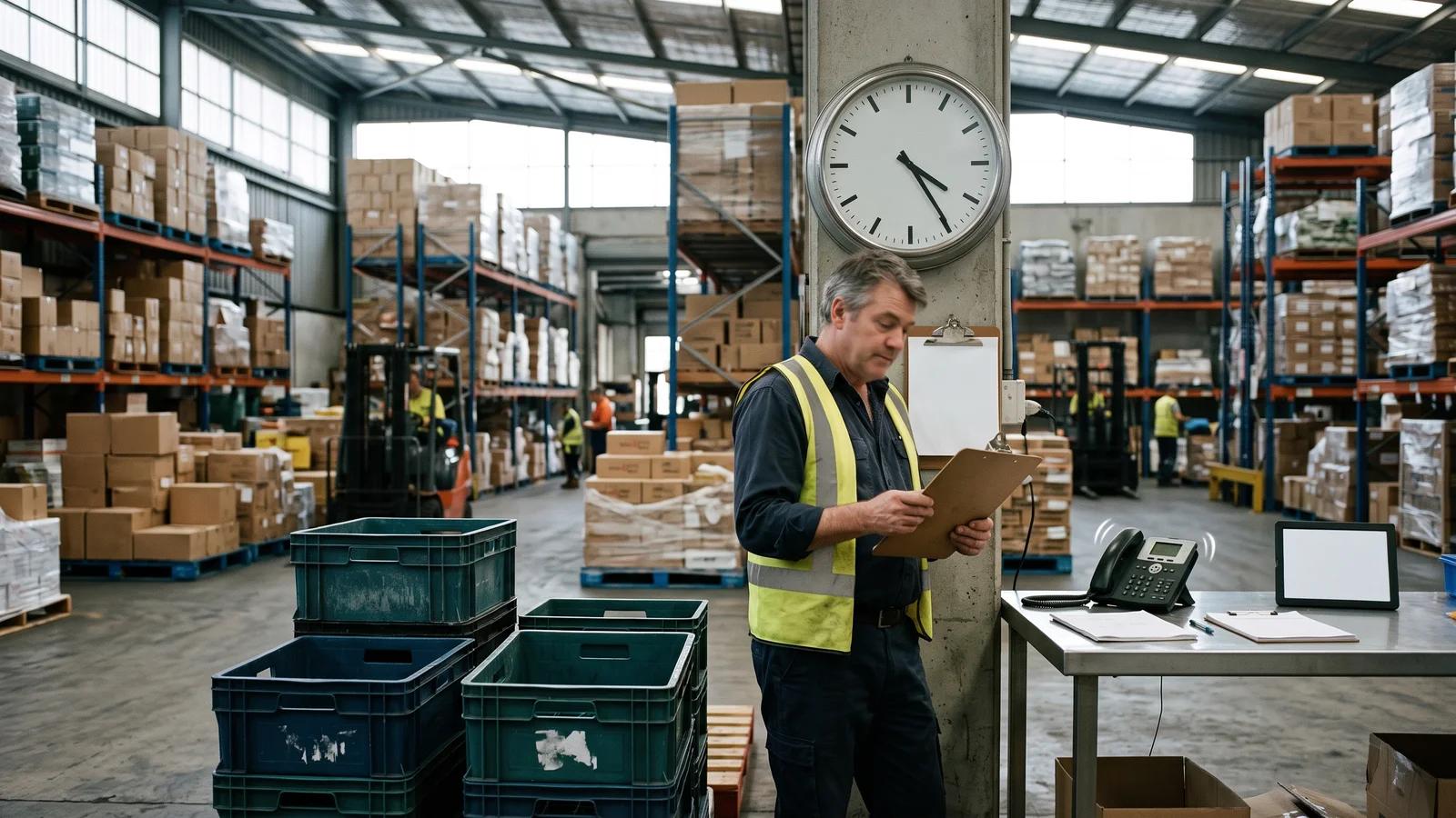 A warehouse clock beside a pick list showing an order arriving well after cut-off, unenforced and disruptive.