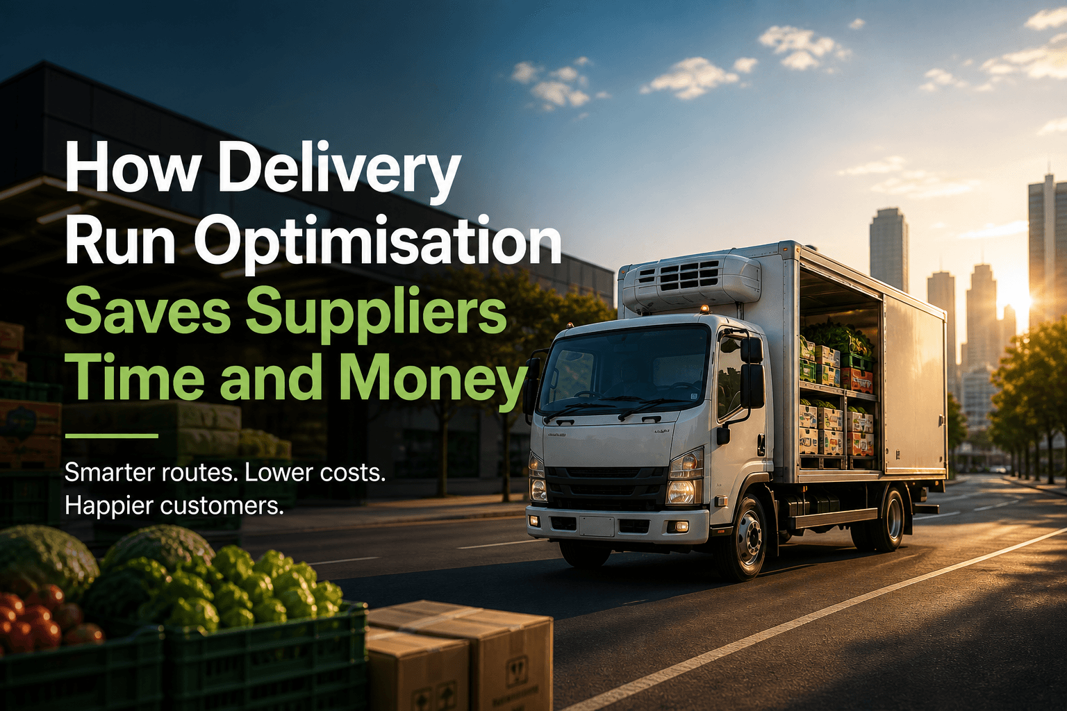 Delivery truck loaded with fresh produce on a city street, promoting delivery run optimisation that saves suppliers time and money.
