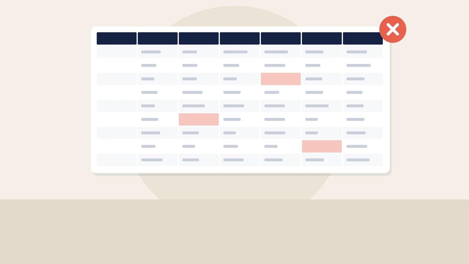 Illustration of a crowded spreadsheet with highlighted error cells and a red cross.