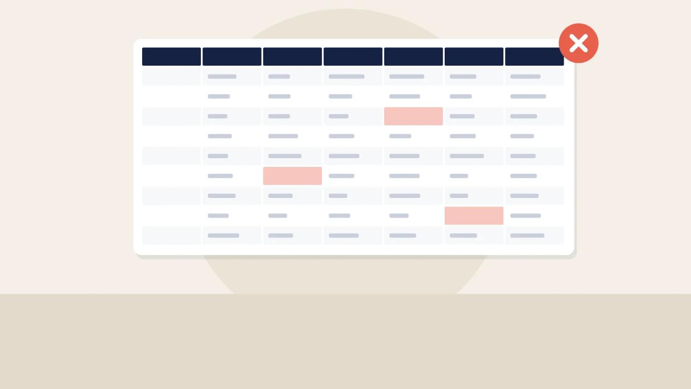 Illustration of a crowded spreadsheet with highlighted error cells and a red cross.
