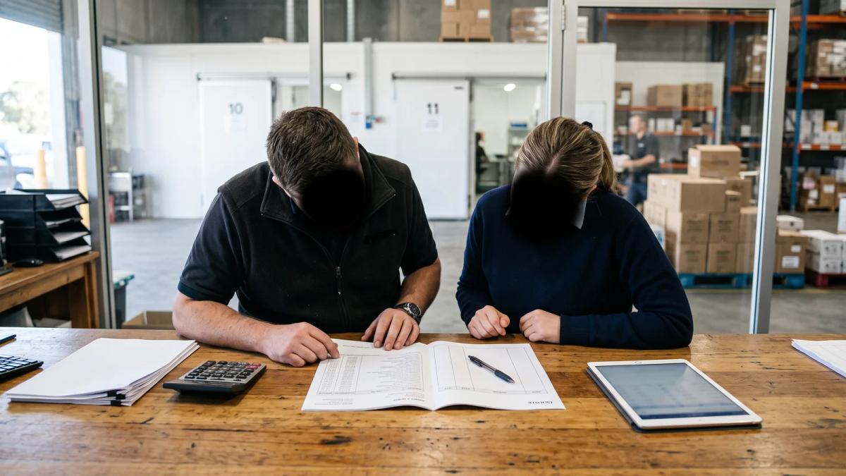 A wholesale business owner and an advisor reviewing a printed quote side by side at a warehouse office desk.