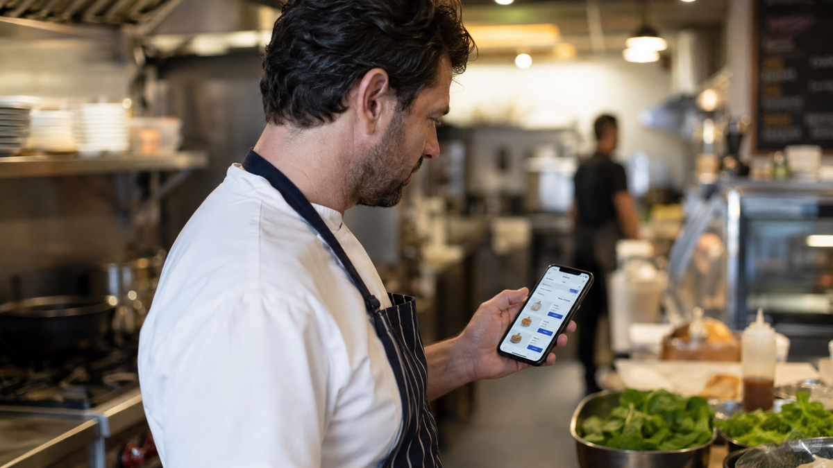A chef holding a phone in the kitchen.