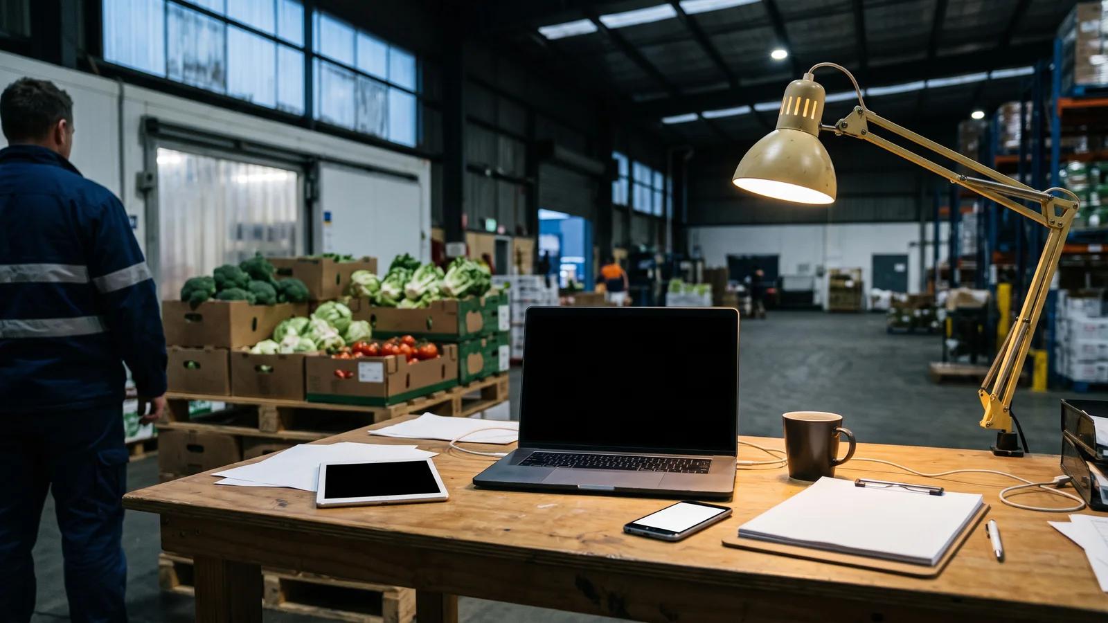 Order desk at an Australian wholesale food distributor with a laptop showing incoming email and text orders beside a tablet of draft orders, cartons of fresh produce stacked behind