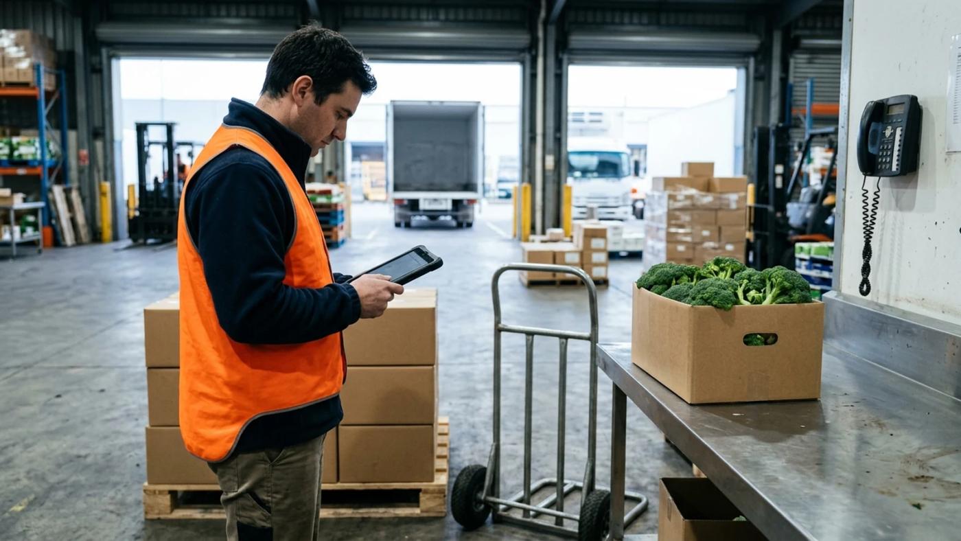 Wholesale supplier warehouse worker checking a pick list on a tablet as an order change comes in