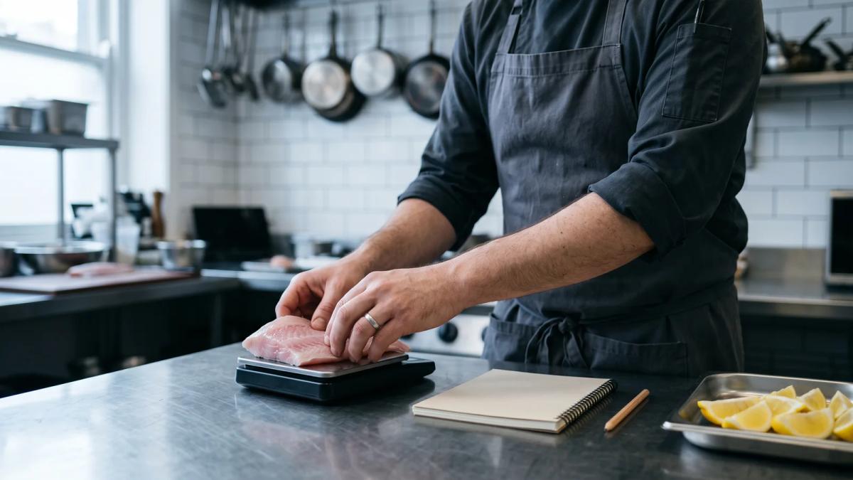 A chef weighing a portion of fish on a digital scale beside a blank notebook on a stainless bench.