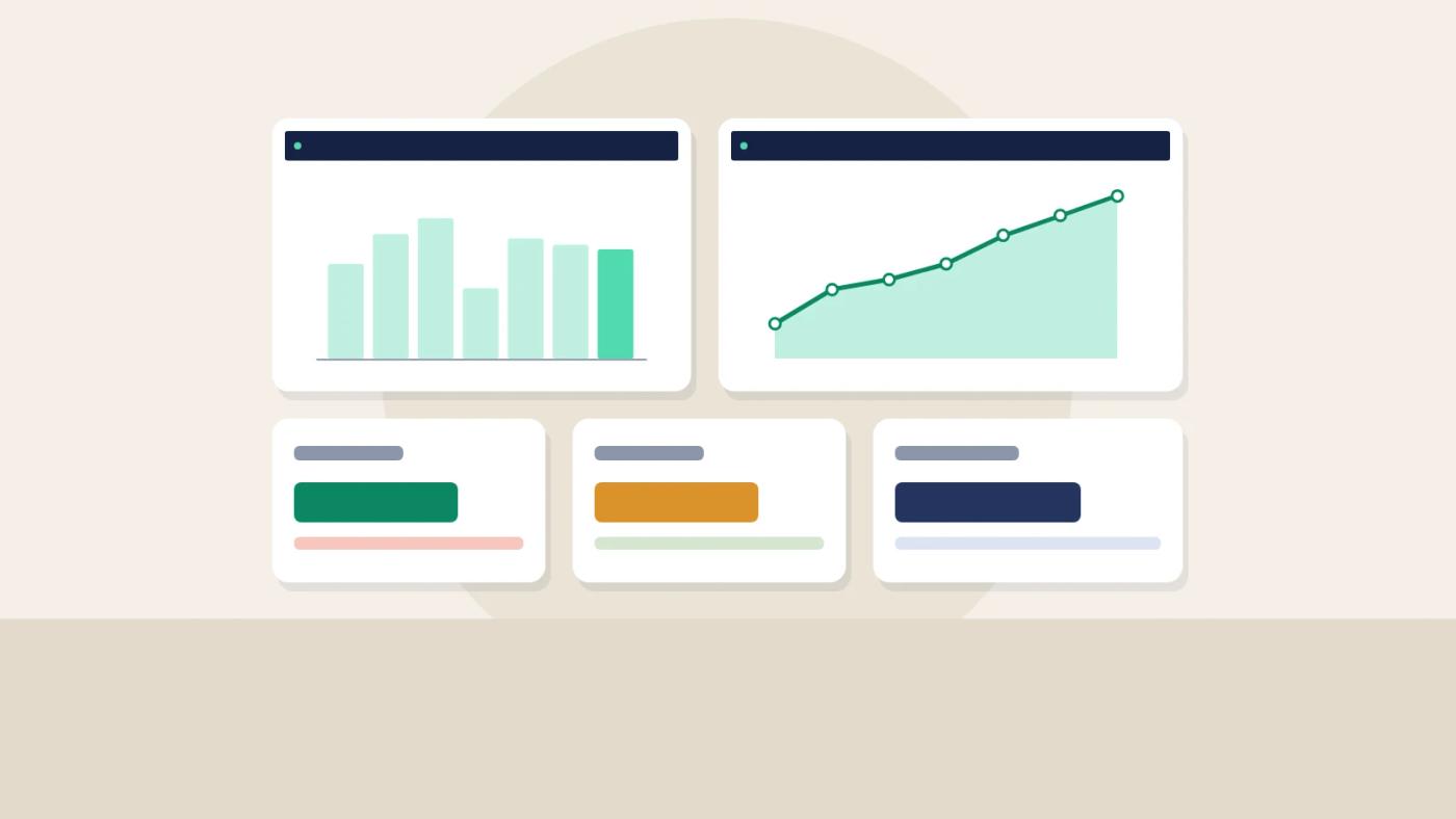 Illustration of a sales dashboard with bar and line charts and summary tiles for a food wholesaler.