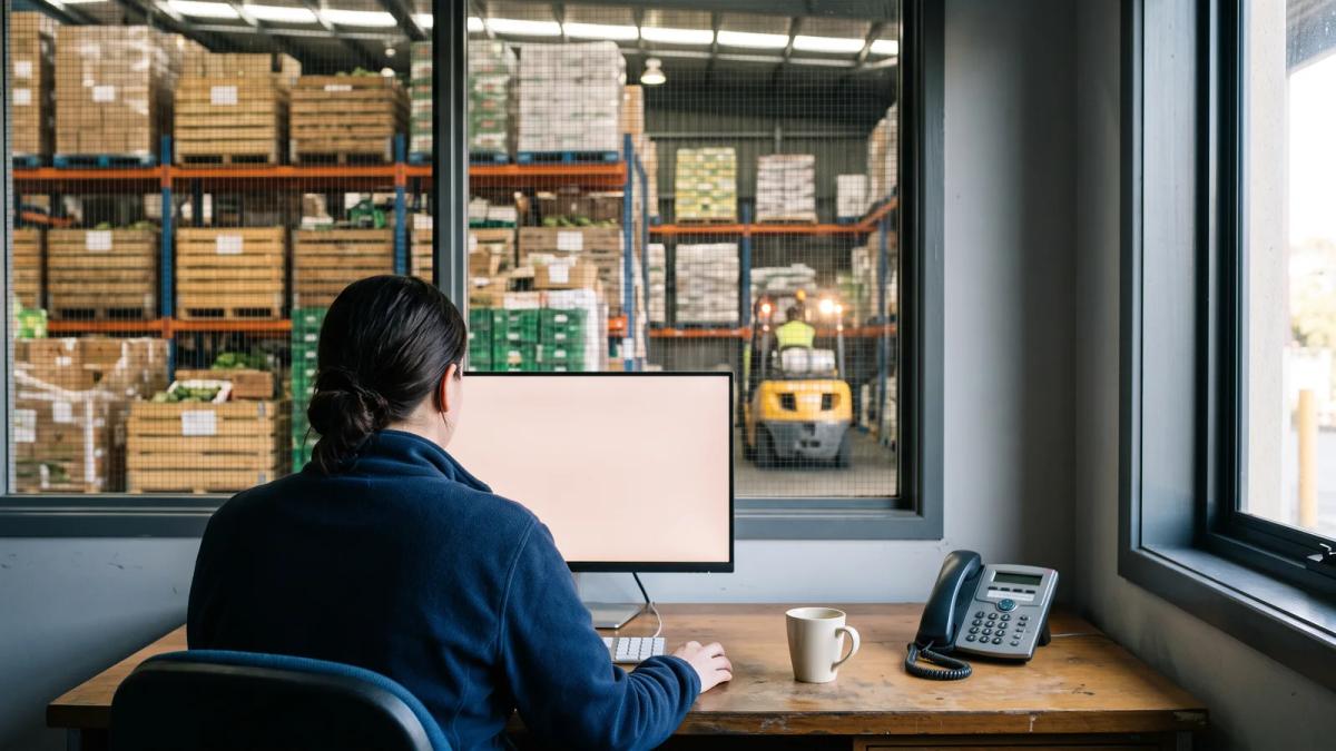 An order-desk staff member at a wholesale food supplier reviewing incoming orders on a monitor beside a window into the warehouse.