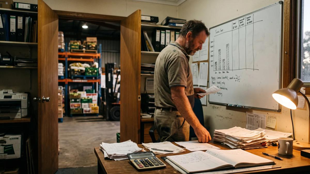 A supplier's owner reviewing a whiteboard tally of freight, waste and overtime costs from repeated last-minute order changes.