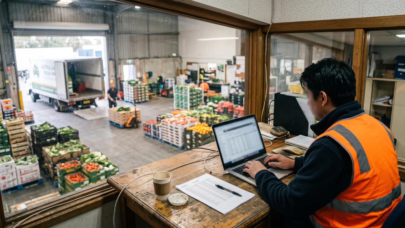Sales manager at an Australian wholesale food supplier comparing B2B ordering platforms on a laptop in a produce warehouse office, with crates of fresh vegetables and a refrigerated delivery truck visible through the window