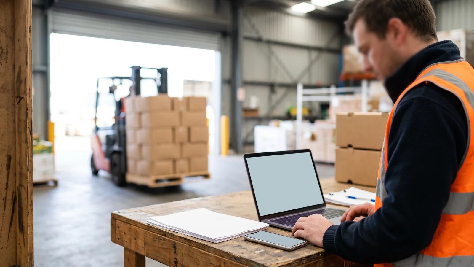 A wholesaler's dispatcher at a standing desk with a phone, laptop and printed run sheets while pallets are loaded behind.