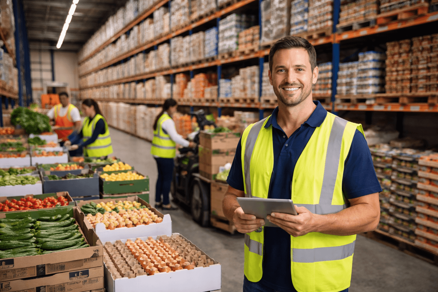 Busy warehouse with fresh produce and staff.