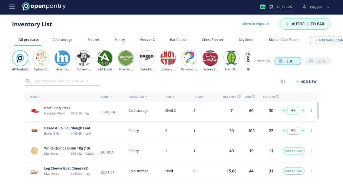 Screenshot of Open Pantry's inventory management system.