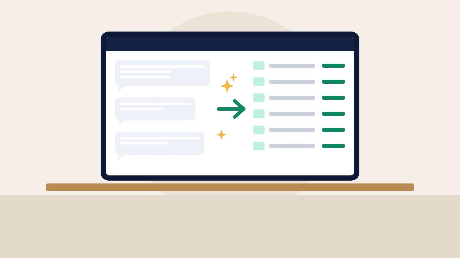 Illustration of a large screen turning customer messages into a structured order list.