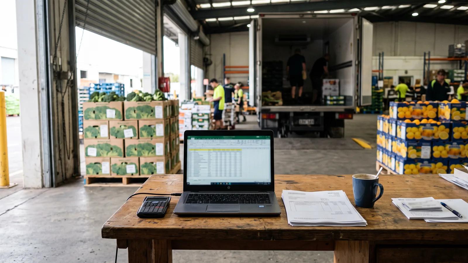Owner of an Australian wholesale produce business comparing ordering software pricing on a laptop at the warehouse office desk beside crates of vegetables