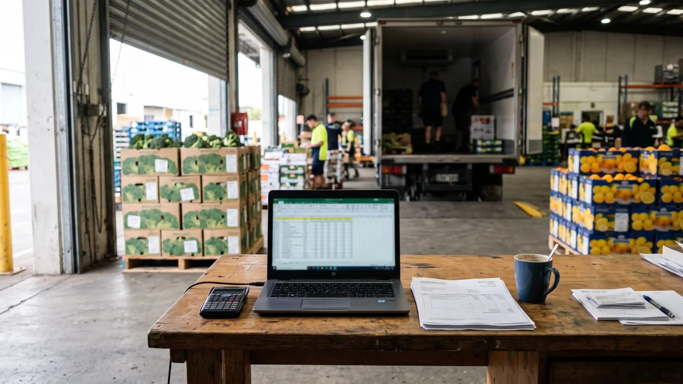 Owner of an Australian wholesale produce business comparing ordering software pricing on a laptop at the warehouse office desk beside crates of vegetables