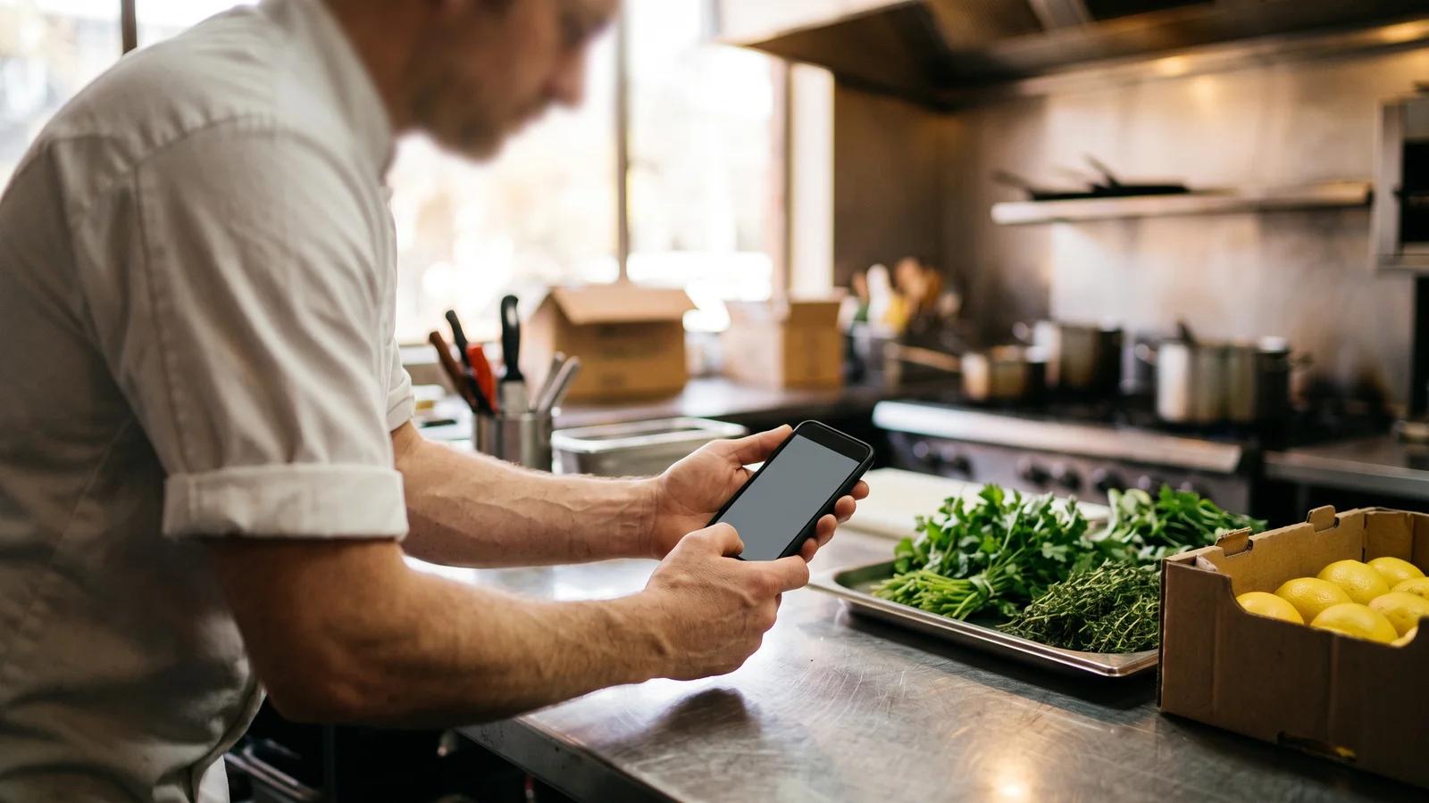A chef's hands typing a message on a phone at the pass of a restaurant kitchen during prep.