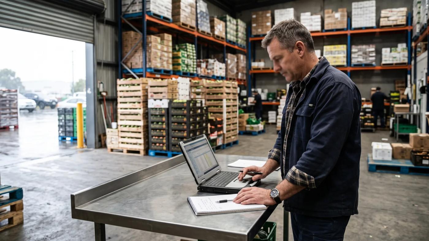 Wholesale food supplier owner comparing ordering platform options on a laptop at a warehouse bench beside crates of produce