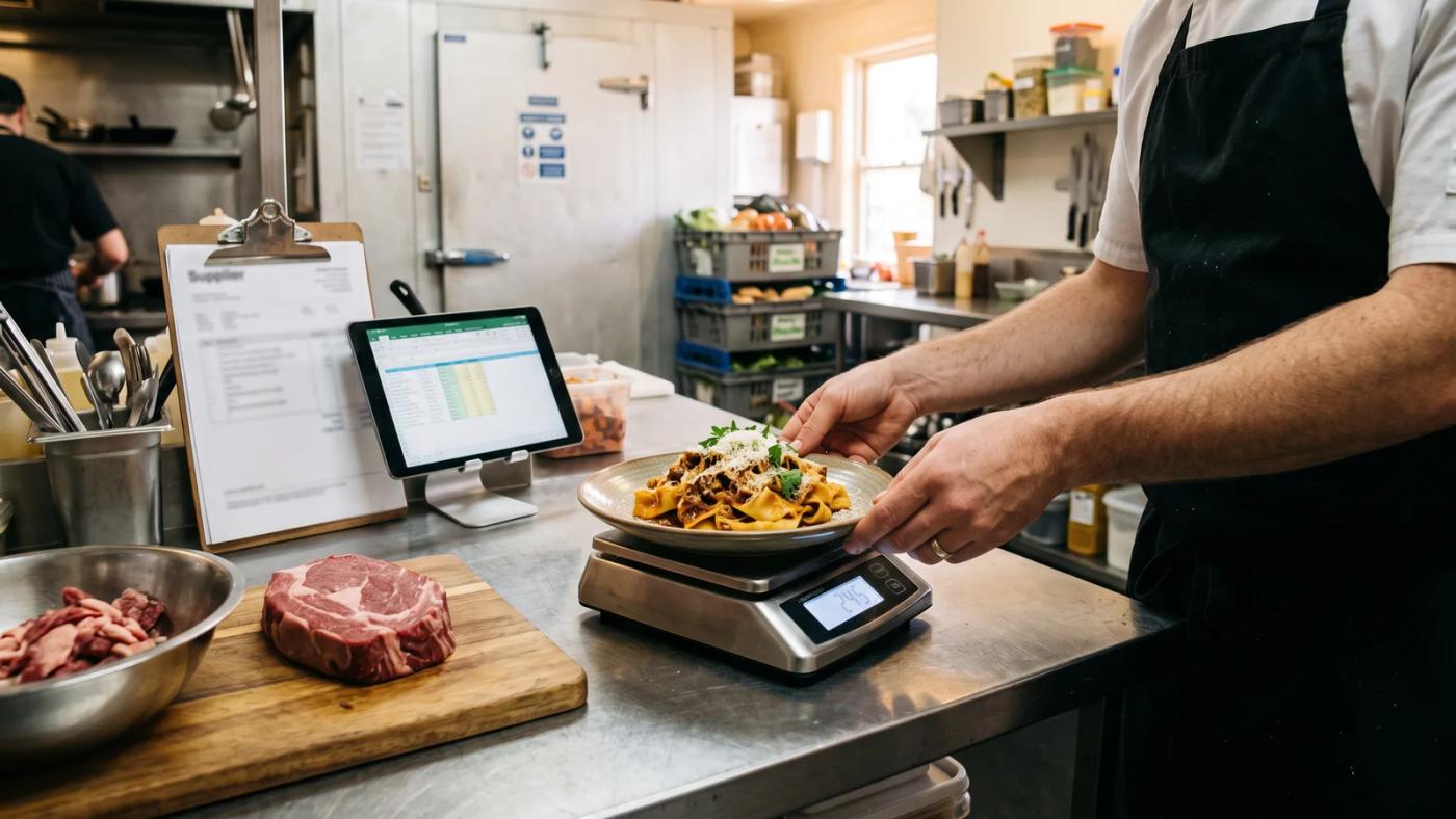 Chef in an Australian restaurant kitchen weighing a portion of beef ragu pappardelle on digital scales beside a supplier invoice and a tablet showing a recipe cost sheet