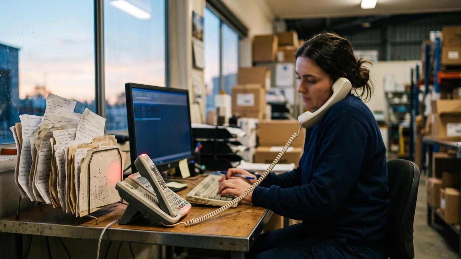 An admin worker typing a phone order while a second line rings, showing where manual order entry hides.